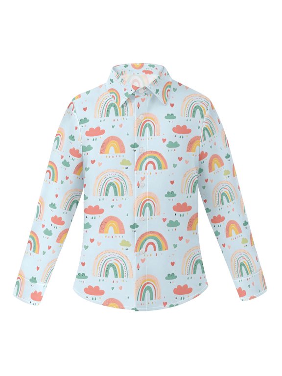BZSMCE Long‑Sleeve Collared Button Down Shirt Blue Childish Rainbow Cloud Pattern Print Stretch Casual Shirt Wrinkle‑Resistant Quick‑Dry Top