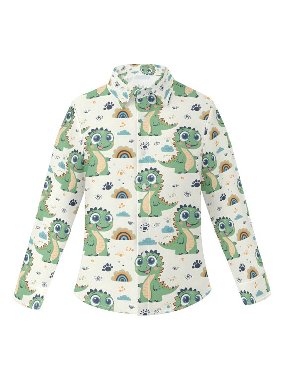 BZSMCE Long‑Sleeve Collared Button Down Shirt Green Dinosaur Rainbow Pattern Print Stretch Casual Shirt Wrinkle‑Resistant Quick‑Dry Top