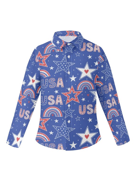 BZSMCE Long‑Sleeve Collared Button Down Shirt Rainbows Patriotic 4th Of July Print Stretch Casual Shirt Wrinkle‑Resistant Quick‑Dry Top
