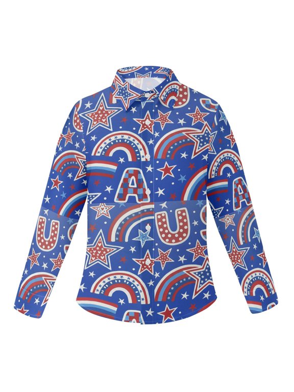 BZSMCE Long‑Sleeve Collared Button Down Shirt Rainbows Patriotic 4th Of July Print Stretch Casual Shirt Wrinkle‑Resistant Quick‑Dry Top