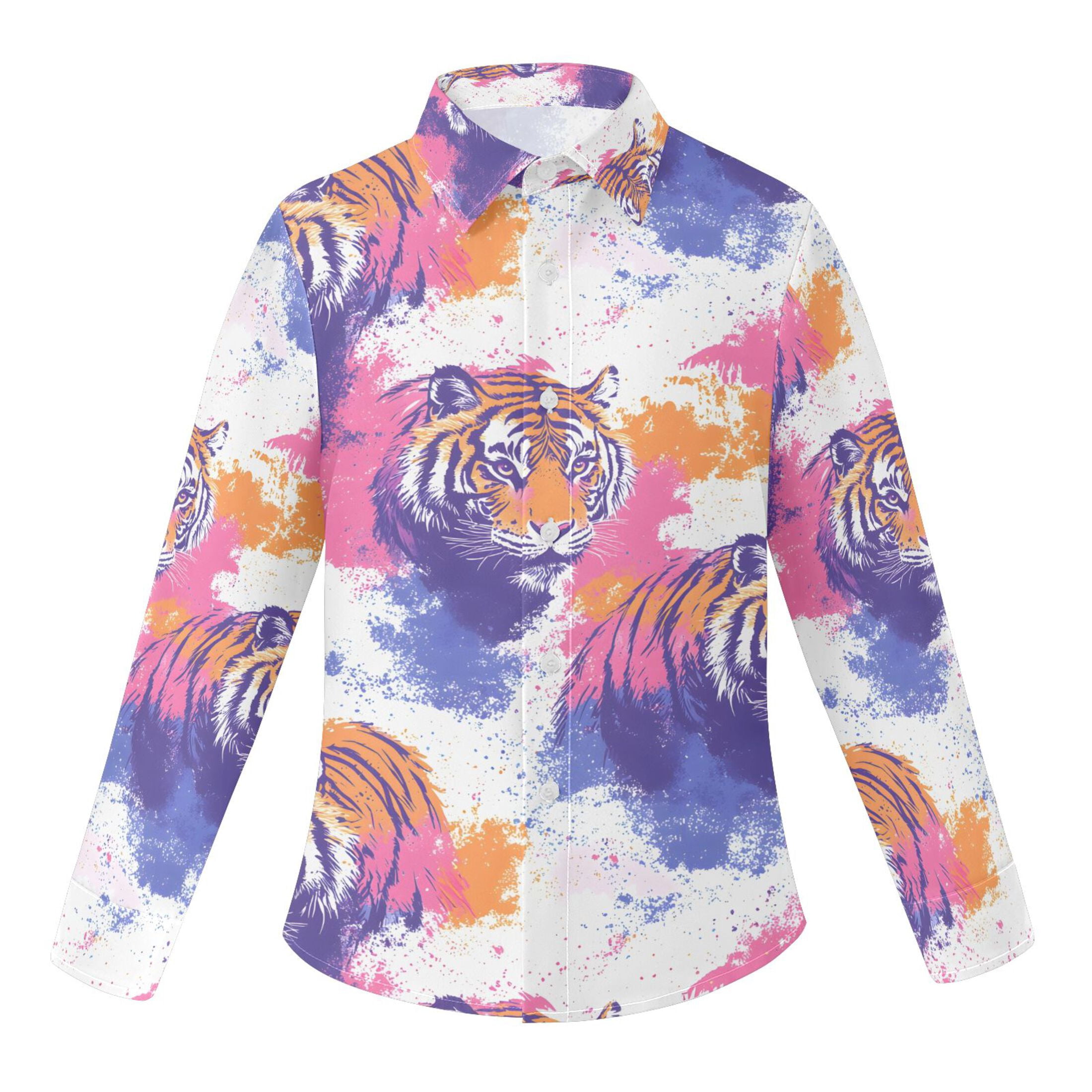 BZSMCE Long‑Sleeve Collared Button Down Shirt Tiger Splash Pattern ...