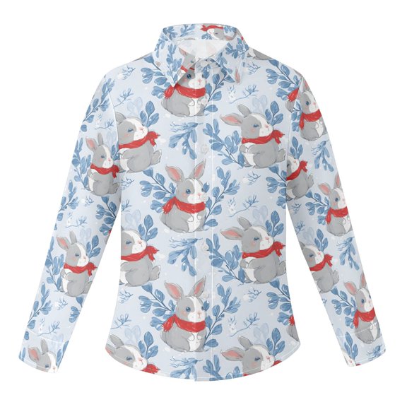 BZSMCE Long‑Sleeve Collared Button Down Shirt Wearing A Scarf with A Rabbit Pattern Print Stretch Casual Shirt Wrinkle‑Resistant Quick‑Dry Top