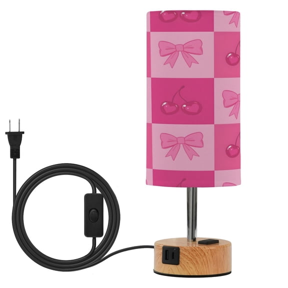 BZSMCE Love Cherry Grid Printed 3 Color Touch Control Table Lamp Linen Shade LED Nightstand Lamp with Wood Grain BaseUS Standard Power Cord