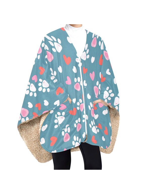 BZSMCE Love Footprint Pattern Panda and White Cloud Pattern Print Wearable Blanket Poncho DoubleLayer Fleece Sherpa Wrap Blanket With Zipper & Pockets Cozy Sleeveless Warm Throw Blanket