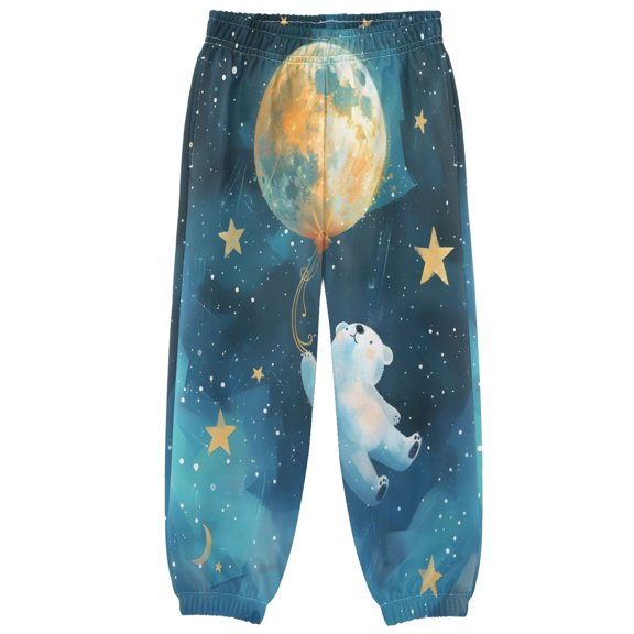 BZSMCE A Lovely Blue White Bear Flies on The Moon Balloon Surrounded by Stars Print Elastic Waist Jogger Pants Lightweight Wind Resistant Casual Athletic Trousers with Cuffed Ankles & Side Pockets