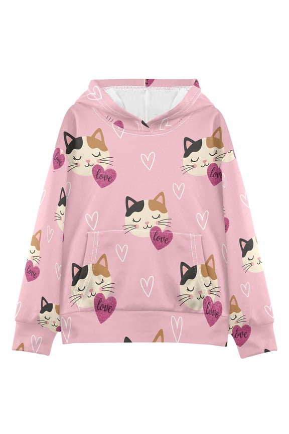 BZSMCE Loving Little Cat Pattern Print Hoodie Casual Pullover Sweatshirt With Kangaroo Pocket