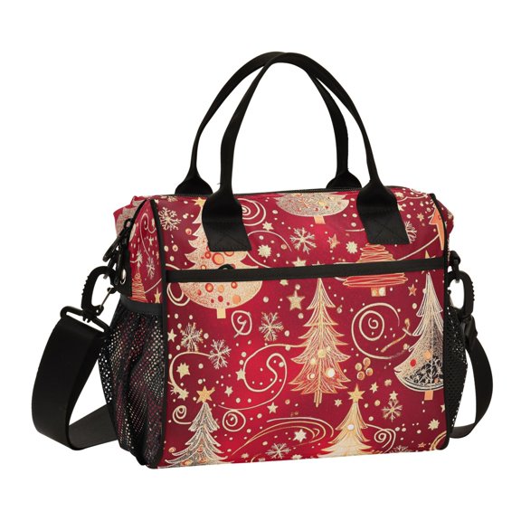 BZSMCE Lunch Bag Creative Christmas Trees Red Background Cooler bag with Shoulder Strap