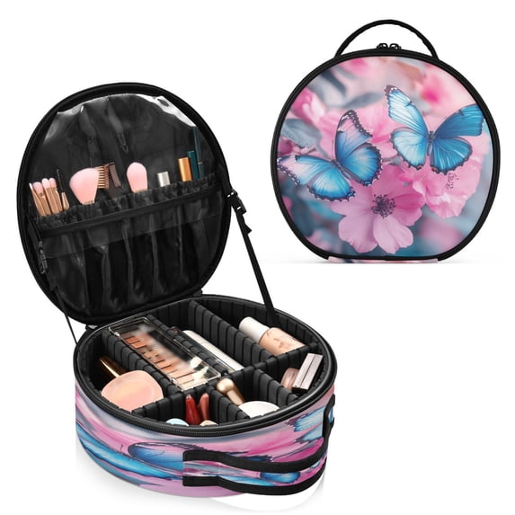 BZSMCE Makeup Bag Large Travel Cosmetic Bag with Adjustable Dividers Fashion Blue Flutter Serenade Printed