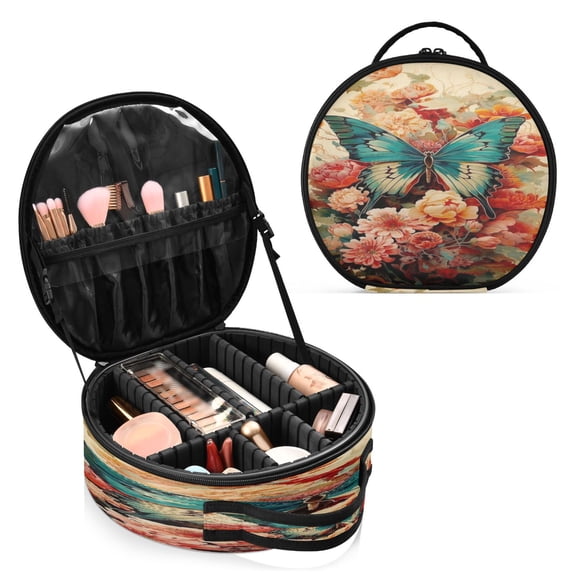 BZSMCE Makeup Bag Large Travel Cosmetic Bag with Adjustable Dividers Fashion Butterfly Blossom Printed
