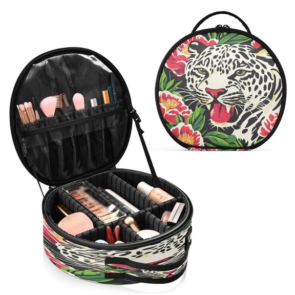 BZSMCE Makeup Bag Large Travel Cosmetic Bag with Adjustable Dividers Fashion Leopard Among Blooms Printed