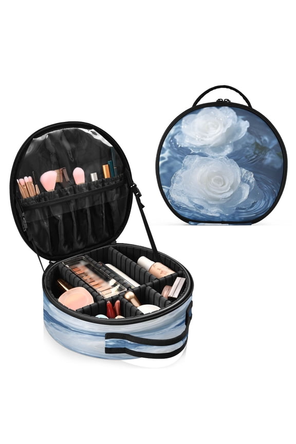 BZSMCE Makeup Bag Large Travel Cosmetic Bag with Adjustable Dividers Fashion Soft White Rose Printed