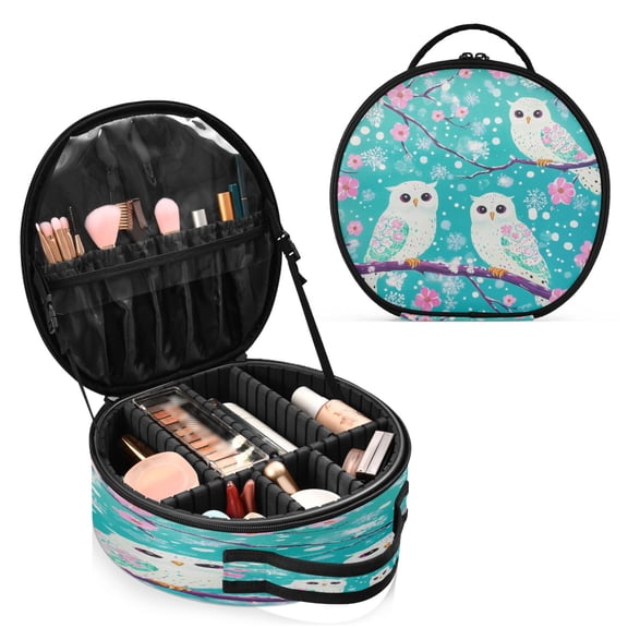 BZSMCE Makeup Bag Large Travel Cosmetic Bag with Adjustable Dividers Fashion Springtime Owls Printed