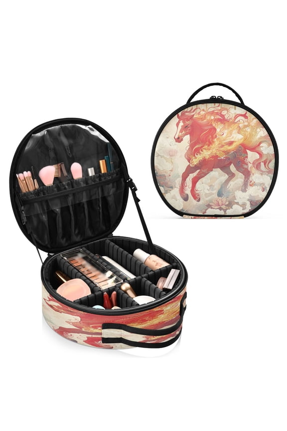 BZSMCE Makeup Bag Large Travel Cosmetic Bag with Adjustable Dividers Fashion The Horse Of Flames Printed