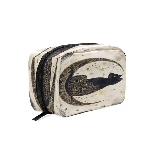 BZSMCE Makeup and Cosmetic Bag Women Simple Black Cat on Crescent Moon Pattern Square Cosmetic Bag