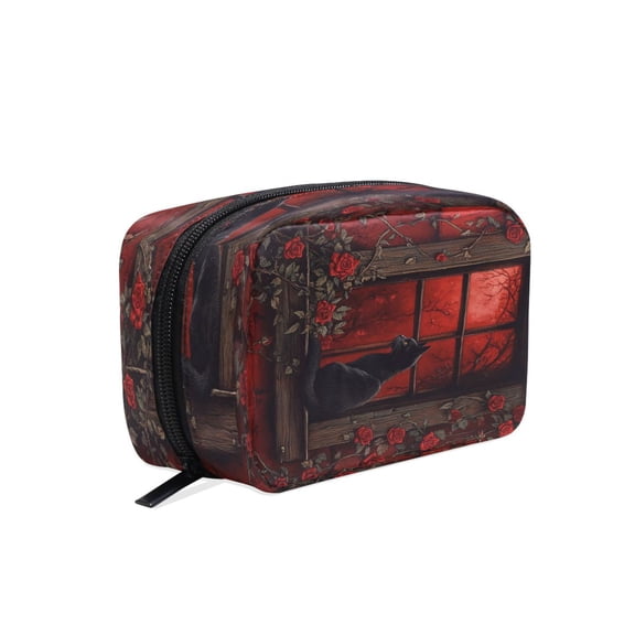 BZSMCE Makeup and Cosmetic Bag Women Simple Black Cat with Rose Pattern Square Cosmetic Bag