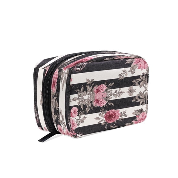 BZSMCE Makeup and Cosmetic Bag Women Simple Black White Stripes Pink Roses Pattern Square Cosmetic Bag