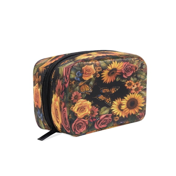 BZSMCE Makeup and Cosmetic Bag Women Simple Butterflies and Flowers on Plaid Pattern Square Cosmetic Bag