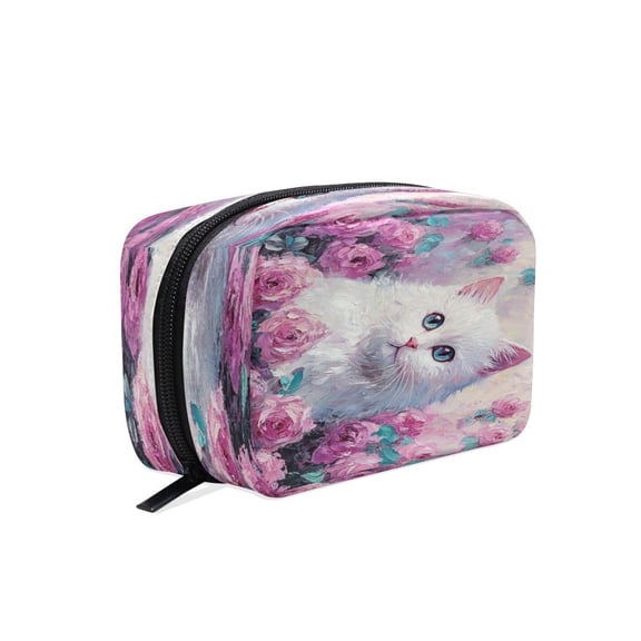 BZSMCE Makeup and Cosmetic Bag Women Simple Cat Among Colorful Roses Painting Pattern Square Cosmetic Bag