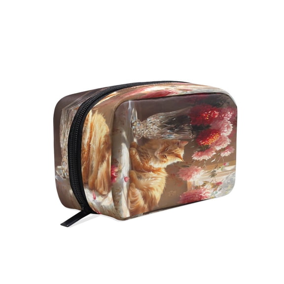 BZSMCE Makeup and Cosmetic Bag Women Simple Cat Resting Near Flowers Pattern Square Cosmetic Bag
