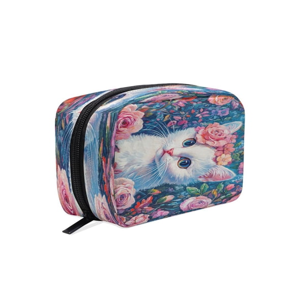 BZSMCE Makeup and Cosmetic Bag Women Simple Cat Surrounded by Colorful Flowers Pattern Square Cosmetic Bag