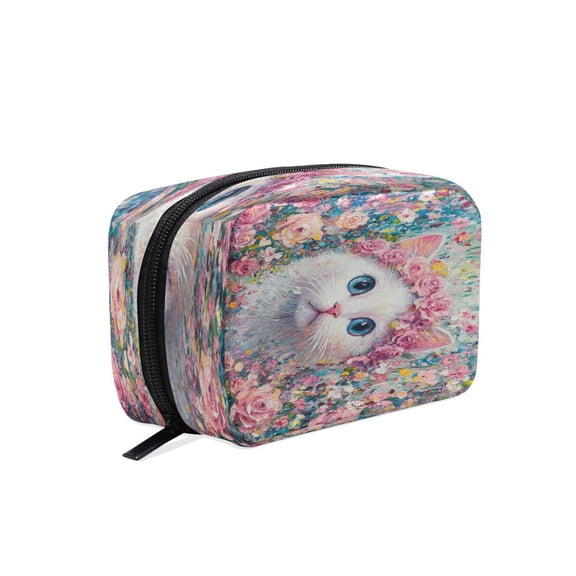 BZSMCE Makeup and Cosmetic Bag Women Simple Cat Surrounded by Pink Roses Pattern Square Cosmetic Bag