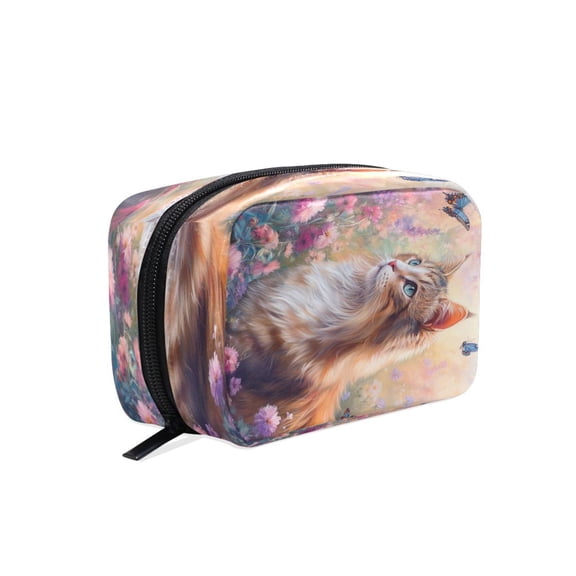 BZSMCE Makeup and Cosmetic Bag Women Simple Cat and Butterfly in Flowers Pattern Square Cosmetic Bag