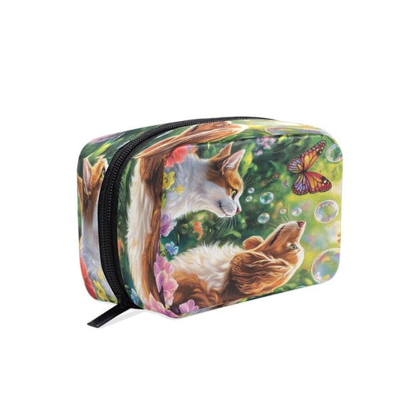 BZSMCE Makeup and Cosmetic Bag Women Simple Cat and Dog with Butterflies Pattern Square Cosmetic Bag