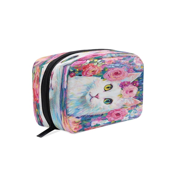 BZSMCE Makeup and Cosmetic Bag Women Simple Cat with Floral Background Pattern Square Cosmetic Bag