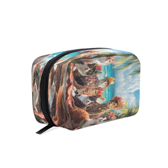 BZSMCE Makeup and Cosmetic Bag Women Simple Cats Beach Flowers Pattern Square Cosmetic Bag