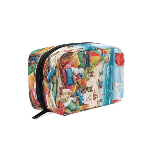 BZSMCE Makeup and Cosmetic Bag Women Simple Cats Relaxing on The Beach Pattern Square Cosmetic Bag