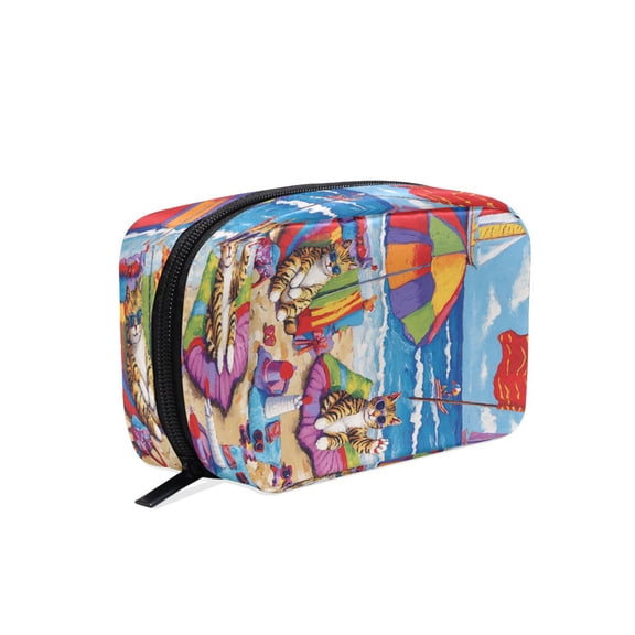 BZSMCE Makeup and Cosmetic Bag Women Simple Cats Reposeoning The Beach Pattern Square Cosmetic Bag