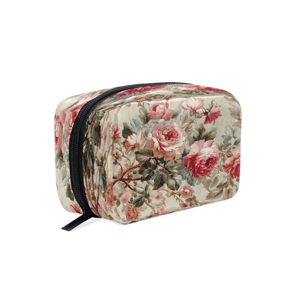 BZSMCE Makeup and Cosmetic Bag Women Simple Classic Rose Garden Fabric Pattern Square Cosmetic Bag