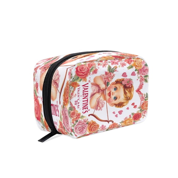 BZSMCE Makeup and Cosmetic Bag Women Simple Cupid with Bow Roses Hearts Pattern Square Cosmetic Bag