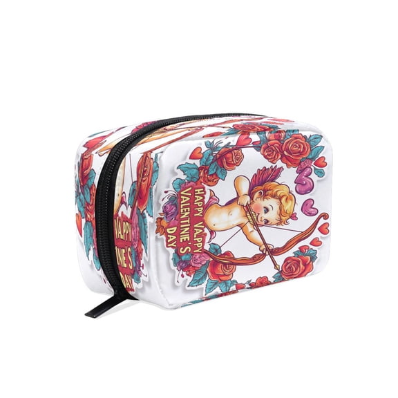 BZSMCE Makeup and Cosmetic Bag Women Simple Cupid with Bow and Roses Pattern Square Cosmetic Bag