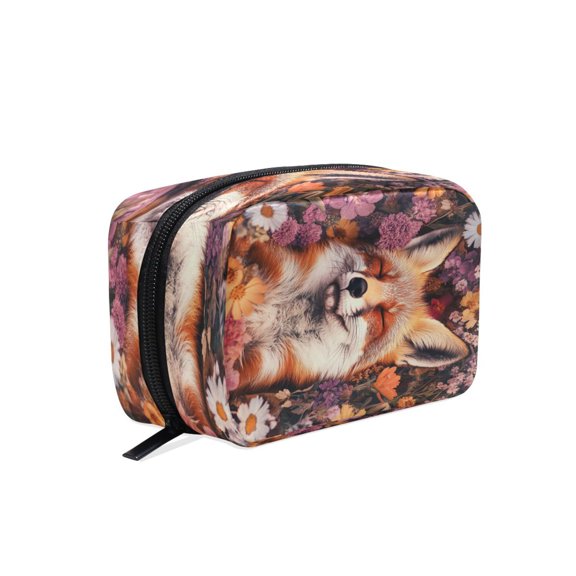 BZSMCE Makeup and Cosmetic Bag Women Simple Fox Plays in Flowers Pattern Square Cosmetic Bag