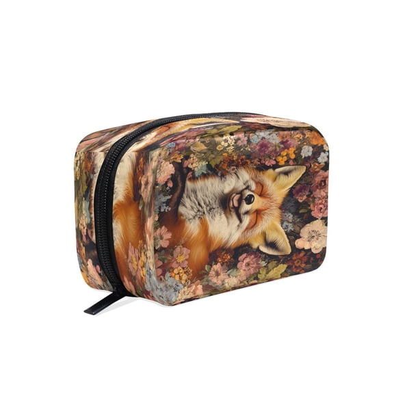 BZSMCE Makeup and Cosmetic Bag Women Simple Fox in Flowers Pattern Square Cosmetic Bag