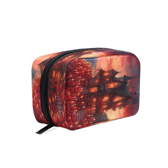 BZSMCE Makeup and Cosmetic Bag Women Simple Gothic House with Roses Candles Pattern Square Cosmetic Bag