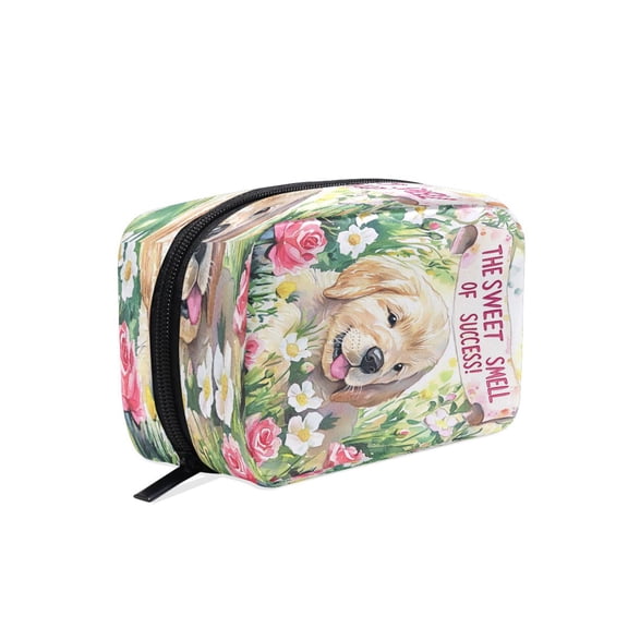 BZSMCE Makeup and Cosmetic Bag Women Simple Joyful Puppy in Bloom Pattern Square Cosmetic Bag