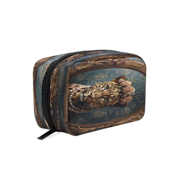 BZSMCE Makeup and Cosmetic Bag Women Simple Leopard with Floral Crown Pearls Pattern Square Cosmetic Bag