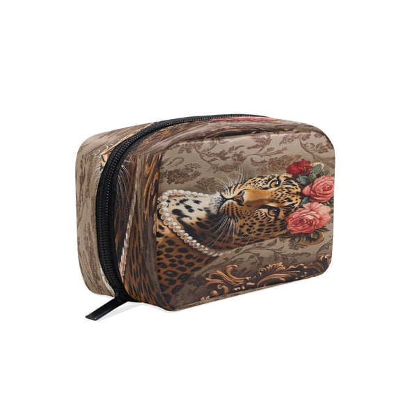 BZSMCE Makeup and Cosmetic Bag Women Simple Leopard with Flowers and Pearls Pattern Square Cosmetic Bag