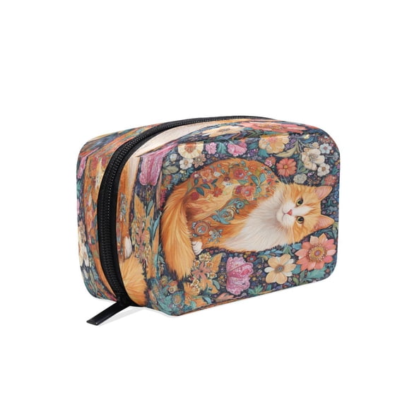 BZSMCE Makeup and Cosmetic Bag Women Simple Orange Cat with Colorful Flowers Pattern Square Cosmetic Bag
