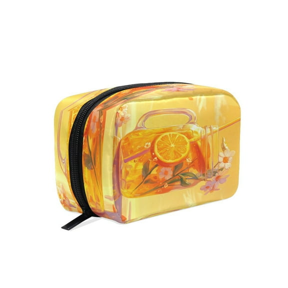 BZSMCE Makeup and Cosmetic Bag Women Simple Orange Soda with Flowers Pattern Square Cosmetic Bag