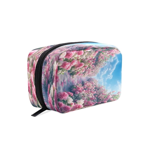 BZSMCE Makeup and Cosmetic Bag Women Simple Pathway Lined with Pink_roses Pattern Square Cosmetic Bag