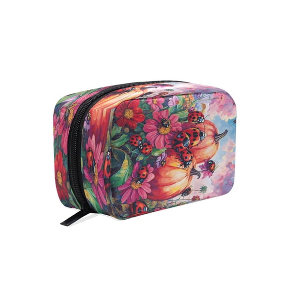 BZSMCE Makeup and Cosmetic Bag Women Simple Pumpkin Patch Ladybug Parade Pattern Square Cosmetic Bag
