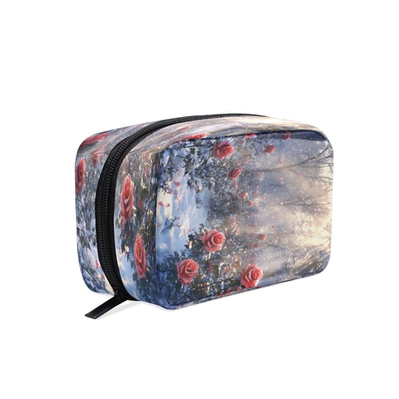 BZSMCE Makeup and Cosmetic Bag Women Simple Roses Blooming in Snowy Forest Pattern Square Cosmetic Bag
