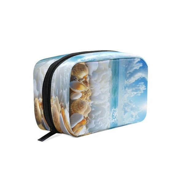 BZSMCE Makeup and Cosmetic Bag Women Simple Seashells on Sandy Beach Pattern Square Cosmetic Bag