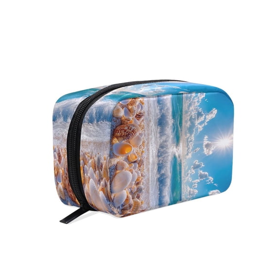 BZSMCE Makeup and Cosmetic Bag Women Simple Seashells on Sunny Beach Pattern Square Cosmetic Bag