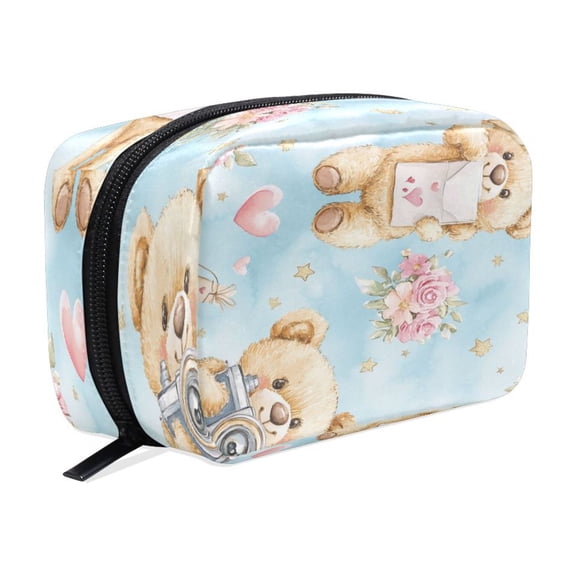 BZSMCE Makeup and Cosmetic Bag Women Simple Sweetheart Bears with Flowers Pattern Square Cosmetic Bag