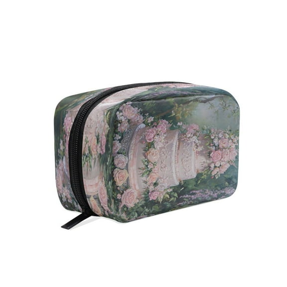 BZSMCE Makeup and Cosmetic Bag Women Simple Tiered Cake with Pink Roses Pattern Square Cosmetic Bag