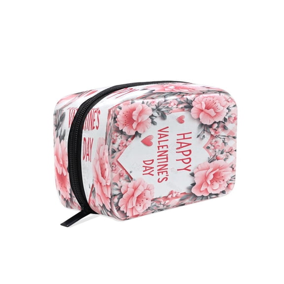BZSMCE Makeup and Cosmetic Bag Women Simple Valentine's Day Floral Card Pattern Square Cosmetic Bag